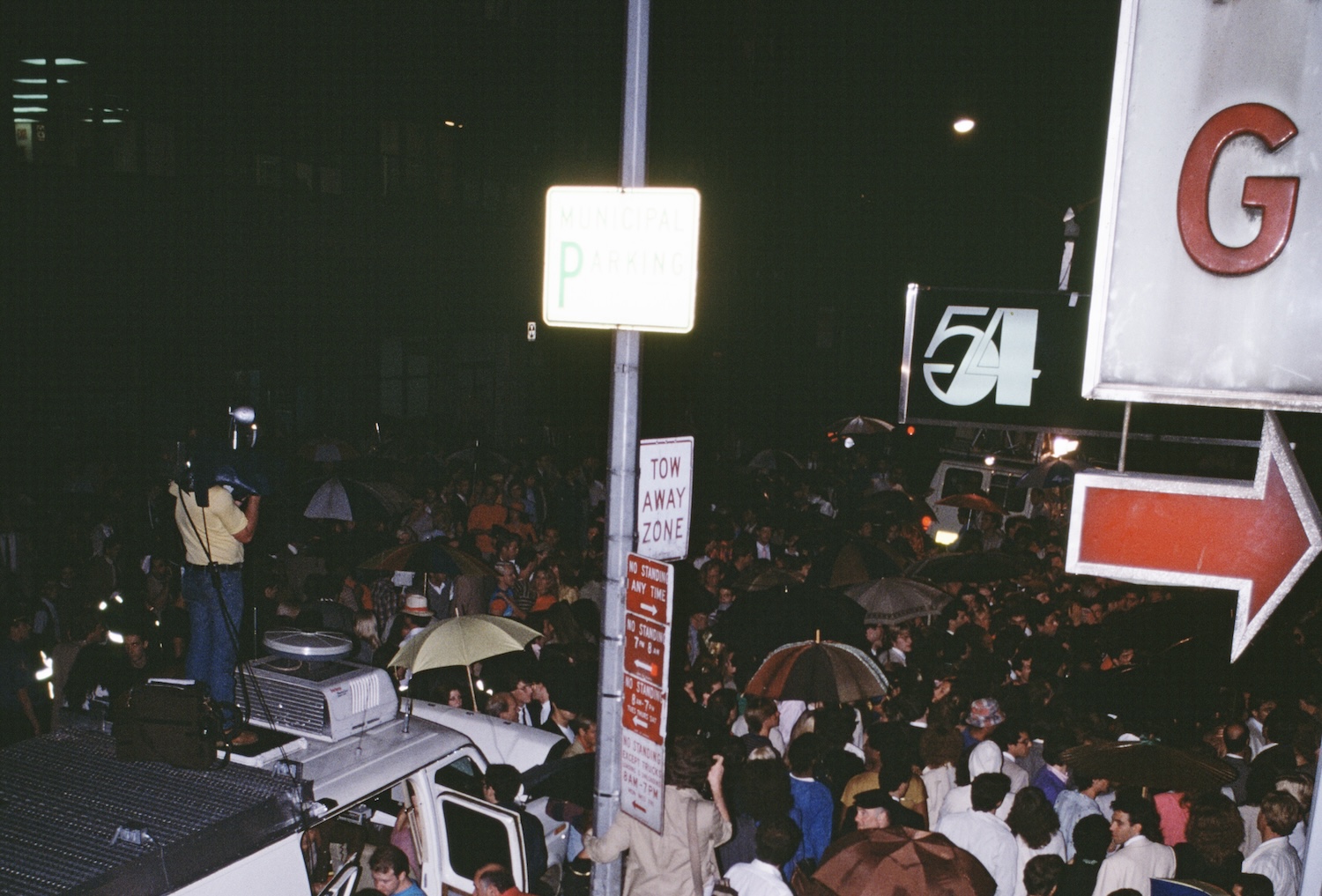 Crowds outside Studio 54, a nightclub on West 54th Street in the Broadway area of New York City, September 1981. The club is reopening after a change in ownership.