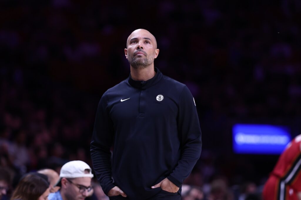 Head coach Jordi Fernandez of the Brooklyn Nets watches a replay on the video board in the second quarter against the Miami Heat at Kaseya Center on March 5, 2026 in Miami, Florida.