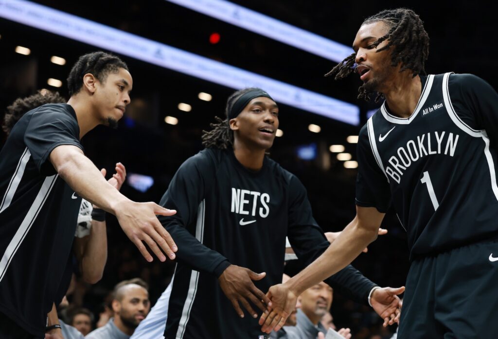 Ziaire Williams #1 of the Brooklyn Nets celebrates with the bench during the first half against the Memphis Grizzlies at Barclays Center on March 09, 2026 in the Brooklyn borough of New York City.