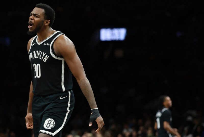 Day'ron Sharpe #20 of the Brooklyn Nets reacts during the second half against the Memphis Grizzlies at Barclays Center on March 09, 2026 in the Brooklyn borough of New York City.