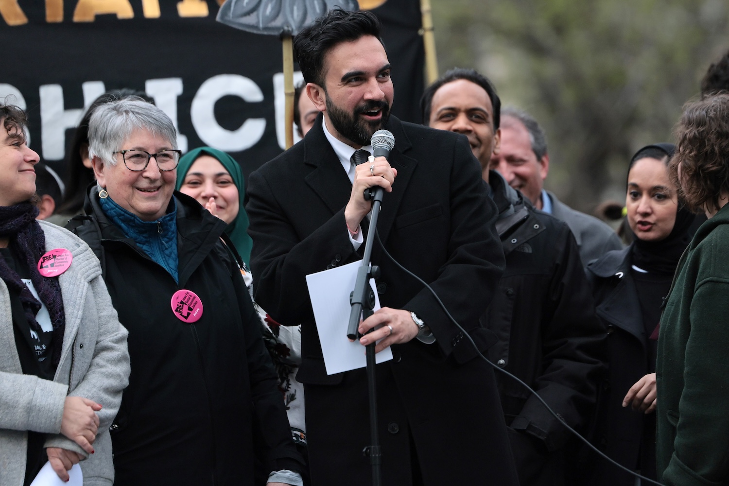 New York City Mayor Zohran Mamdani speaks at the Jews For Racial & Economic Justice’s (JFREJ) Seder in the Streets at Union Square on April 06, 2026 in New York City. New York Mayor Zohran Mamdani and other elected officials joined as JFREC held Seder in the Streets with the theme of "Melt the Pharaoh's ICEy Heart" protesting the Trump's administration's Immigration and Custom's Enforcement (ICE) detentions and deportations. The group also staged civil disobedience sit in at the NYC office of Palantir protesting their collaboration with ICE where they were all were arrested.