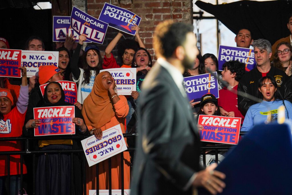 New York City Mayor Zohran Mamdani speaks to supporters during his 100-day address on April 12, 2026 in New York City. Mayor Mamdani used his 100-day address to highlight early wins on childcare and worker protections while presenting a governing policy he called "Pothole Politics."