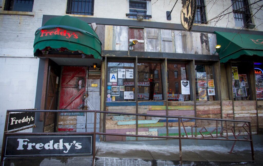 The entrance to Freddy's Bar in South Slope, Brooklyn