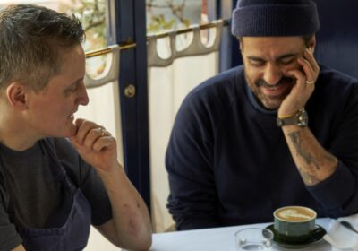 April Bloomfield and Gabriel Stulman sitting at a table at Sailor in Fort Greene, Brooklyn