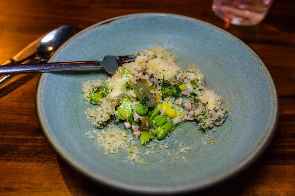 Spring beans with ham and gouda, $18 at Arthur in Greenpoint, Brooklyn