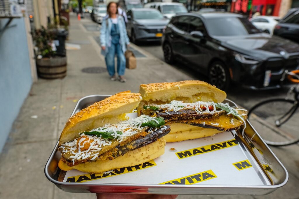 The Linda, with eggplant, ricotta salata, and roasted peppers, $18, from Malavita, the best new sandwich shop in Greenpoint, Brooklyn