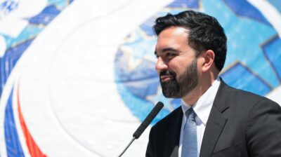 New York Mayor Zohran Mamdani speaks during a press conference at Staten Island University Hospital Community Park on April 27, 2026 in New York City. Mayor Mamdani was joined by Gov. Kathy Hochul, government officials and members of the New York New Jersey FIFA World Cup 2026 Host Committee as they announced NYC will be hosting five free World Cup viewing parties in various parts of NYC.
