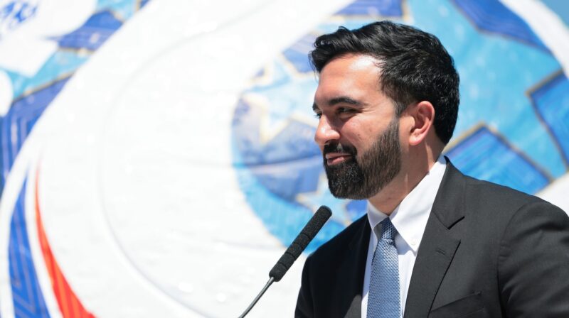 New York Mayor Zohran Mamdani speaks during a press conference at Staten Island University Hospital Community Park on April 27, 2026 in New York City. Mayor Mamdani was joined by Gov. Kathy Hochul, government officials and members of the New York New Jersey FIFA World Cup 2026 Host Committee as they announced NYC will be hosting five free World Cup viewing parties in various parts of NYC.
