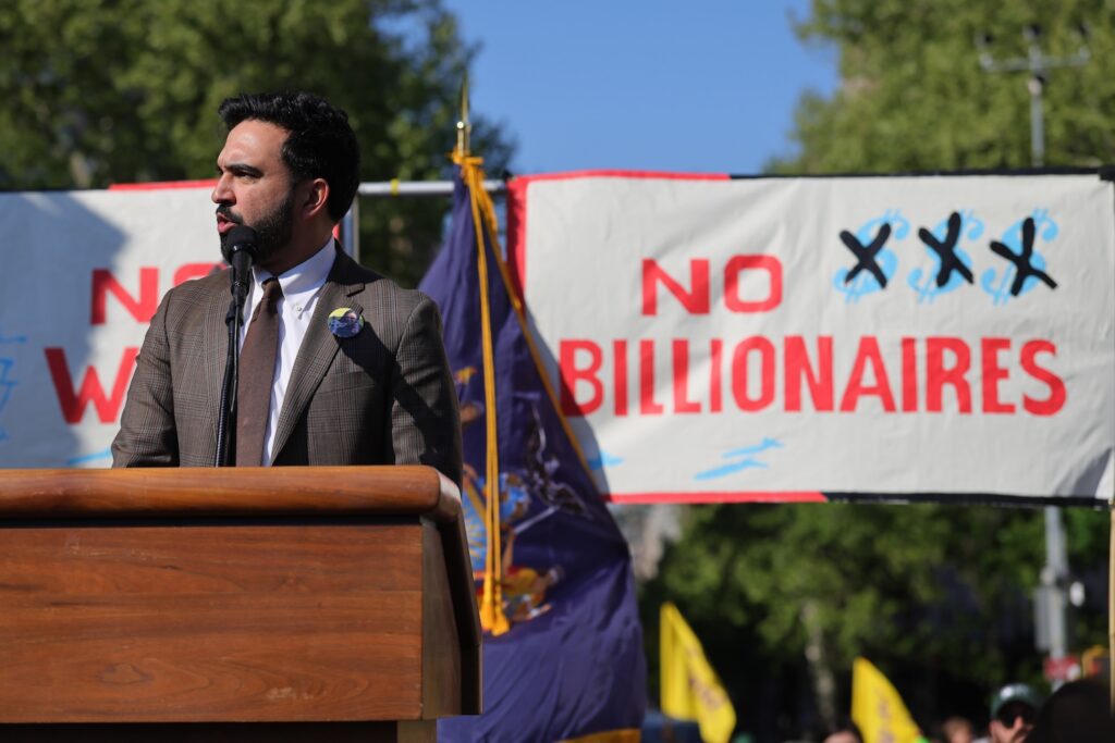 New York City Mayor Zohran Mamdani speaks at a rally in Washington Square Park for May Day on May 01, 2026 in New York City. Across the country and around the world, demonstrations are taking place on May Day, which marks International Workers’ Day (Labor Day), when workers, unions, students, and others march for better working conditions, wage increases, and other political issues.