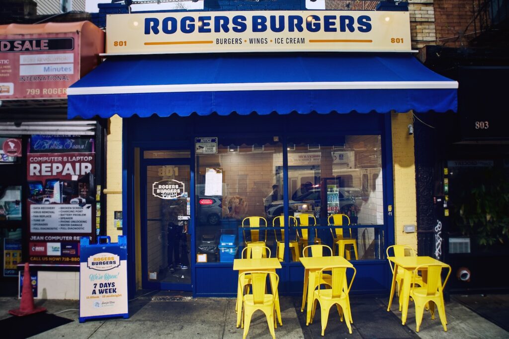 The storefront of Rogers Burgers in Flatbush, Brooklyn 