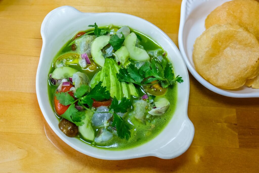 Aguachile verde with raw wild gulf shrimp, $22, from Bar Bruno in Carroll Garden, Brooklyn