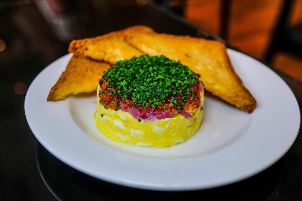 Caviar service (trout roe on egg salad), $28 from Bar Susanne in Williamsburg, Brooklyn 