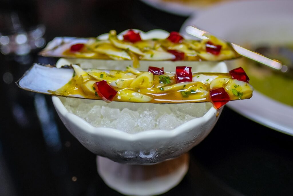 Razor clam ceviche with passionfruit aguachile, $18 from Bar Susanne in Williamsburg, Brooklyn 
