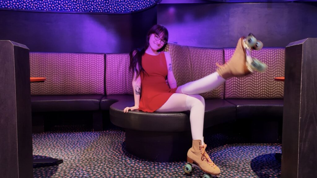 Comedian Ivy Wolk skating at Xanadu in Bushwick