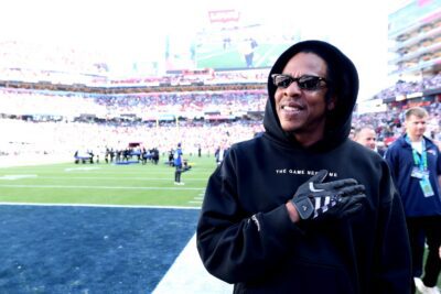 Jay-Z looks on prior to the start of Super Bowl LX between the Seattle Seahawks and the New England Patriots at Levi's Stadium on February 08, 2026 in Santa Clara, California.