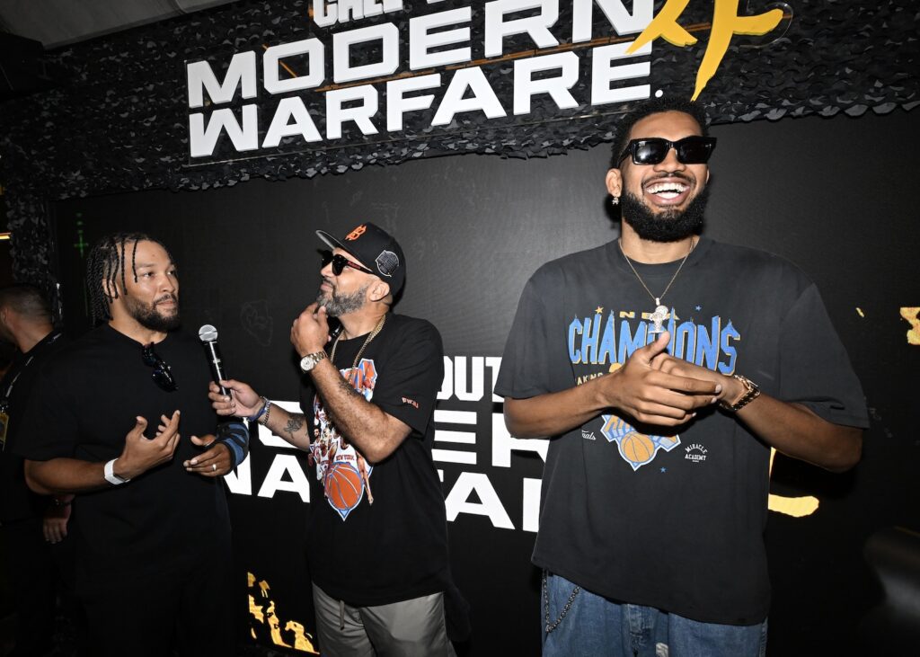 Jalen Brunson, The Kid Mero and Karl-Anthony Towns attend the Call of Duty: Modern Warfare 4 at Fanatics Fest NYC 2026 and Call Of Duty in culture panel at Fanatics Fest NYC 2026 at Javits Center on July 18, 2026 in New York City.