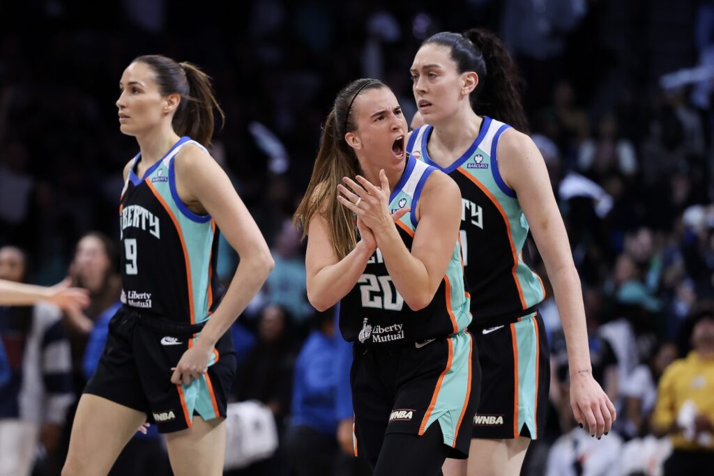 Sabrina Ionescu #20 of the New York Liberty reacts during the second quarter against the Minnesota Lynx during game two of the WNBA Playoffs first round at Barclays Center on September 29, 2026 in the Brooklyn borough of New York City.