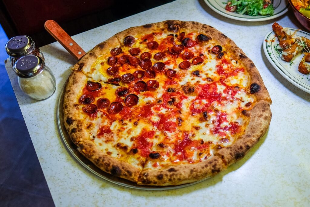 Pizza with half pepperoni, $30, from Sam's in Cobble Hill, Brooklyn