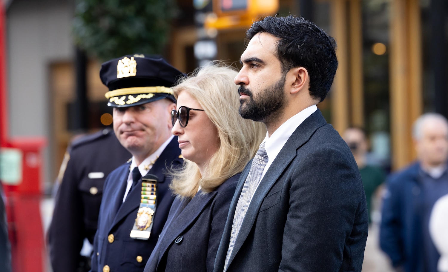 New York City Police Commissioner Jessica Tisch and New York City Mayor Zohran Mamdani is seen at the NYPD Memorial Wall unveiling on October 13, 2026 in New York City.