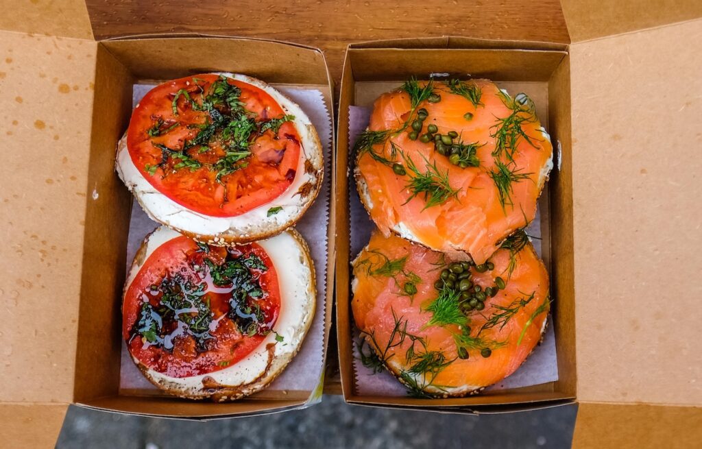 Tomato ($9.95) and lox ($15.95) sandwiches from Caputo Bagels in Park Slope, Brooklyn.