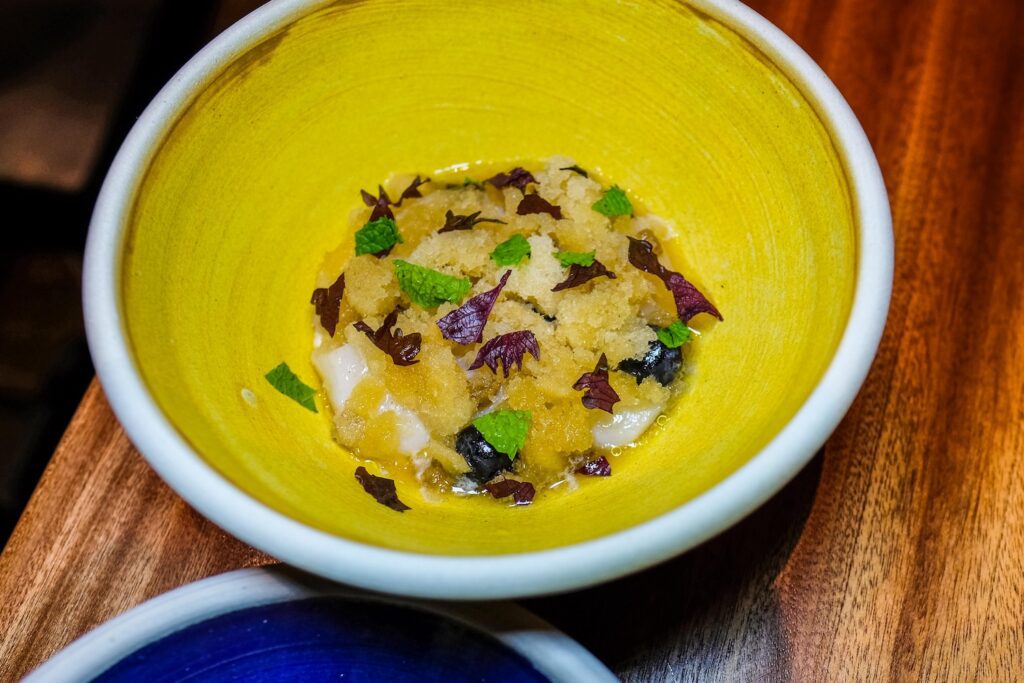 Scallops with granita, $28, from Top Chef star Rasika Venkatesa's new restaurant Mythily in Williamsburg